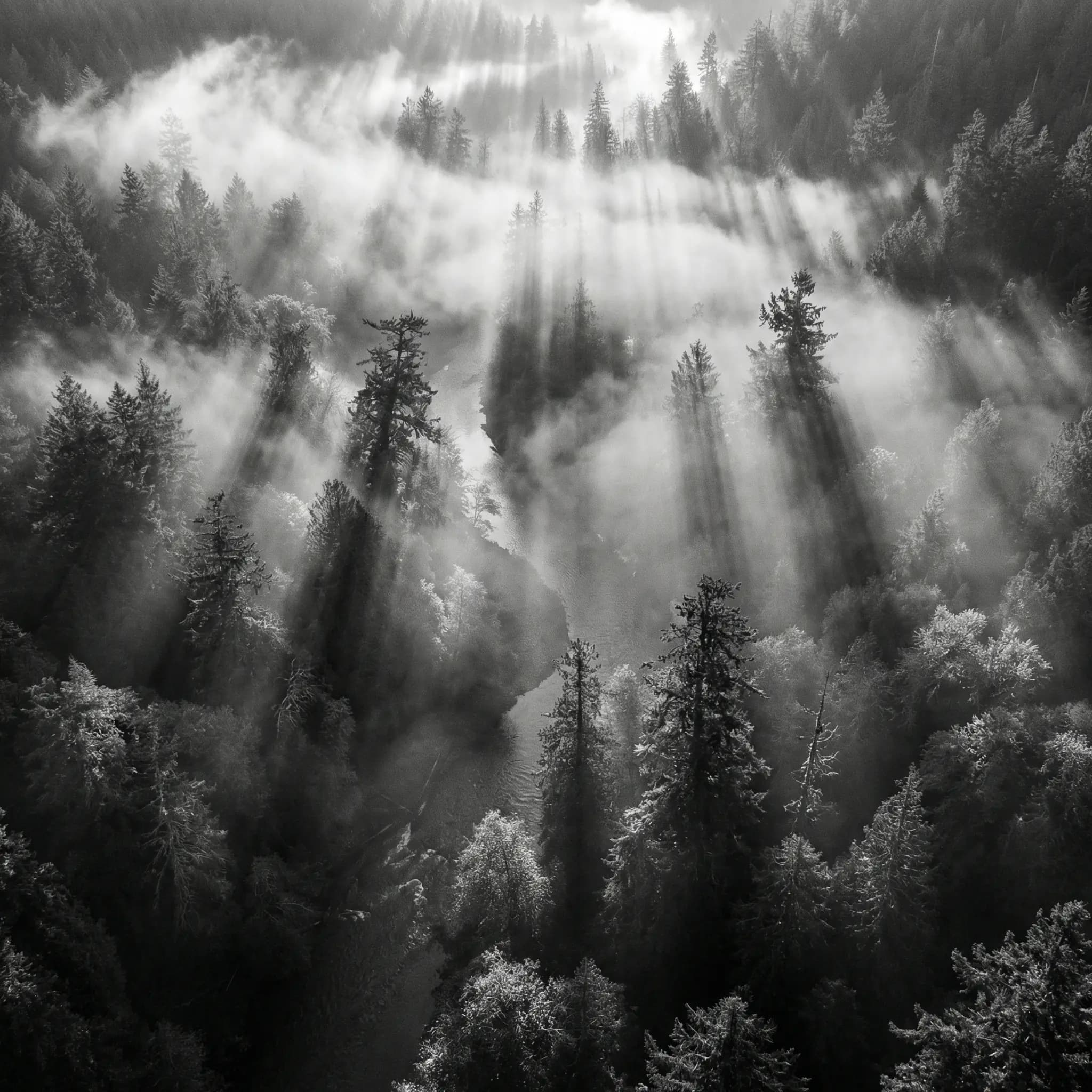 Aerial view of forest canopy with morning mist