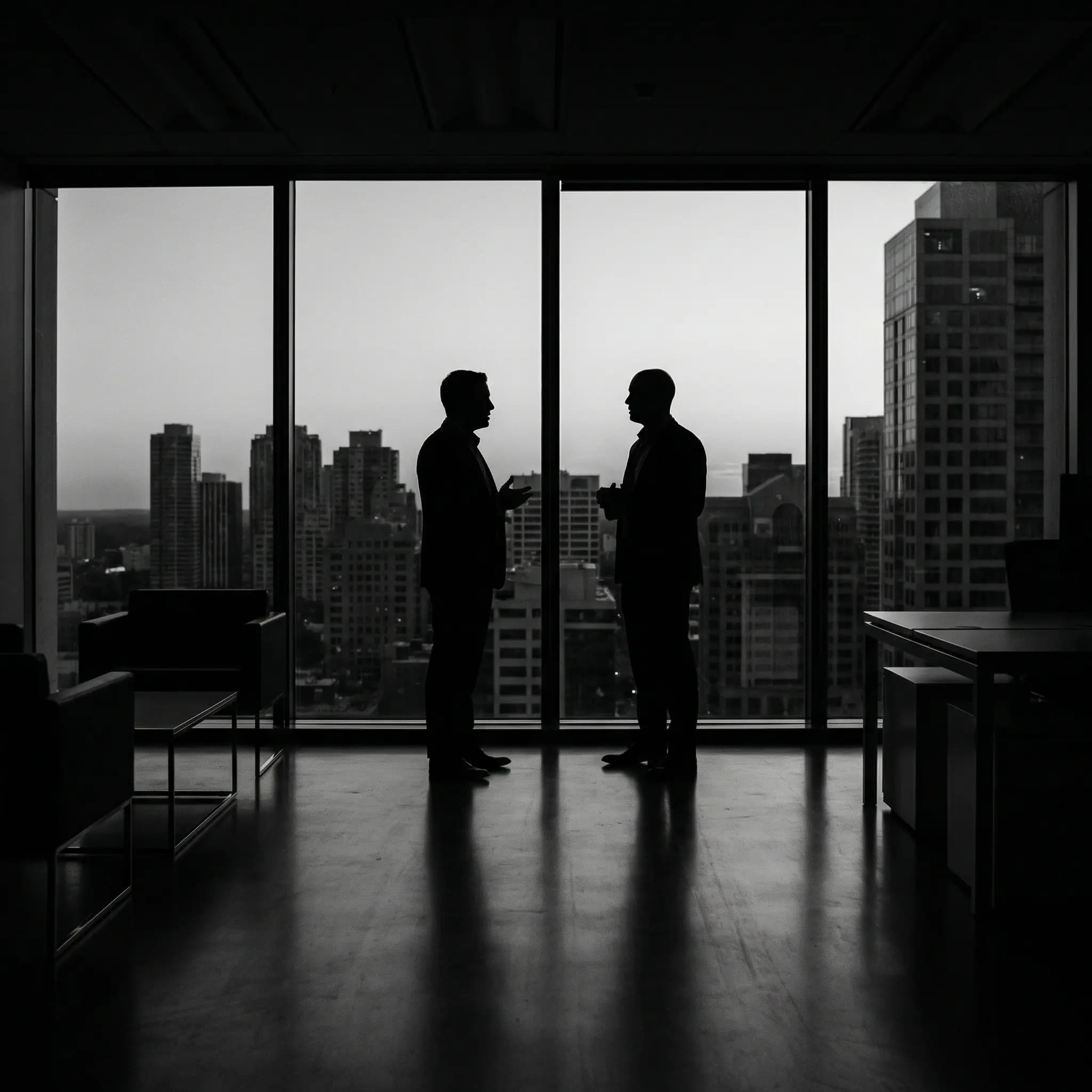 Two professionals in conversation silhouetted against city skyline