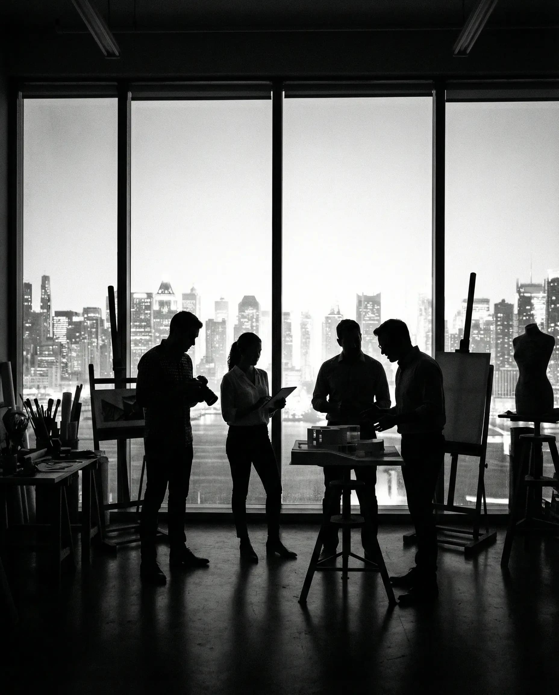 Creative team collaborating in modern studio with city skyline