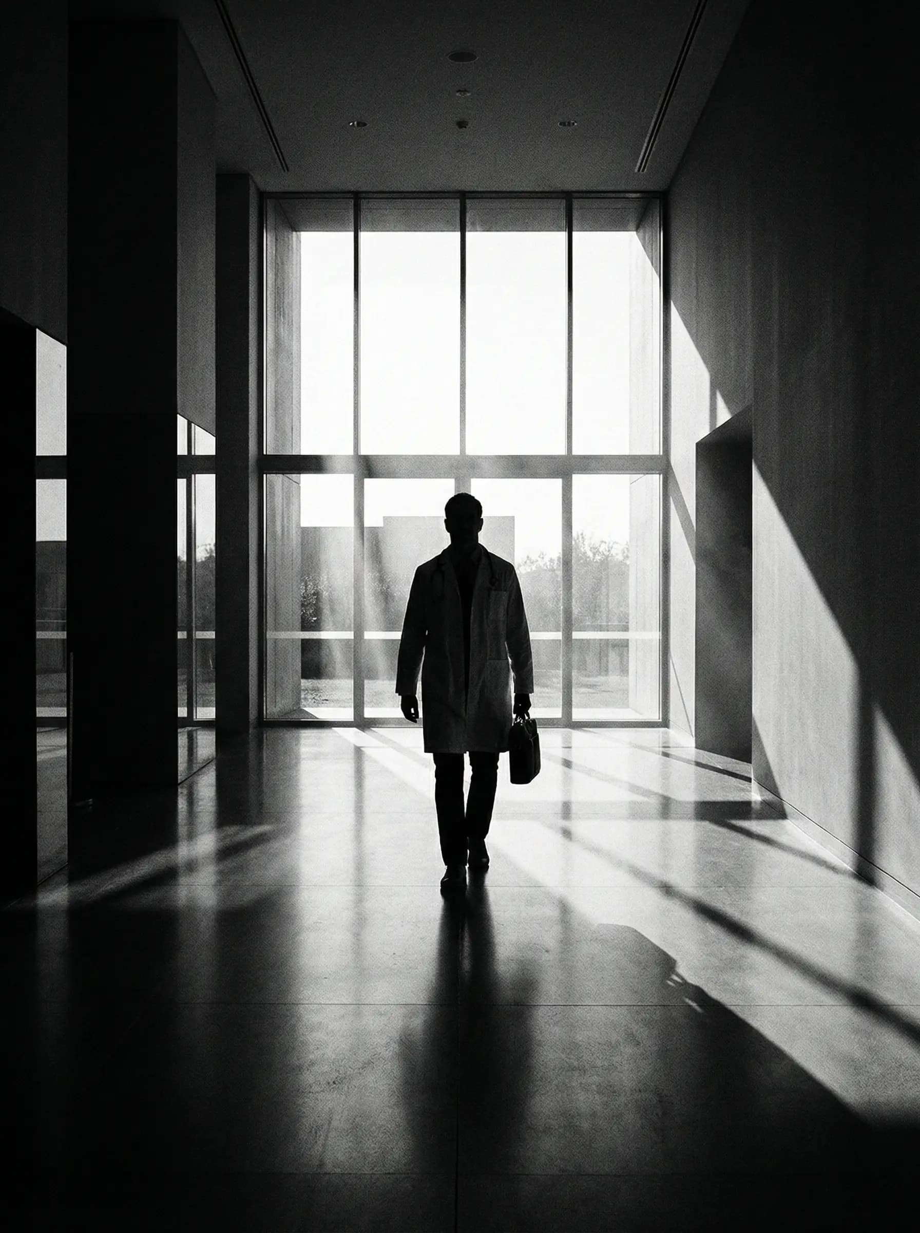Doctor walking through modern clinic hallway